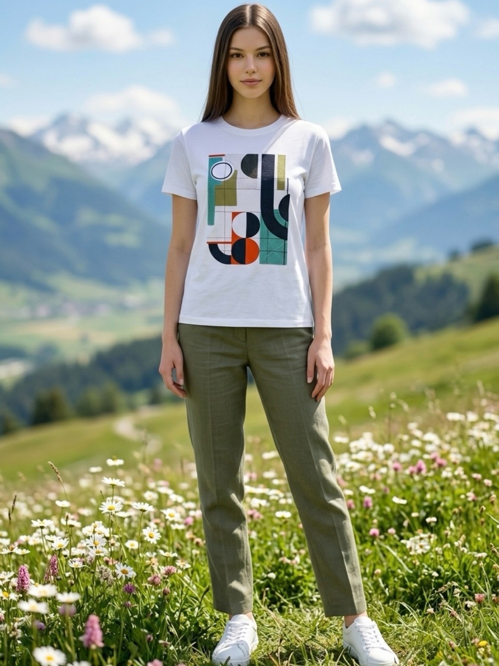 Express White Short-Sleeve Tee with Multicolor Geometric Print